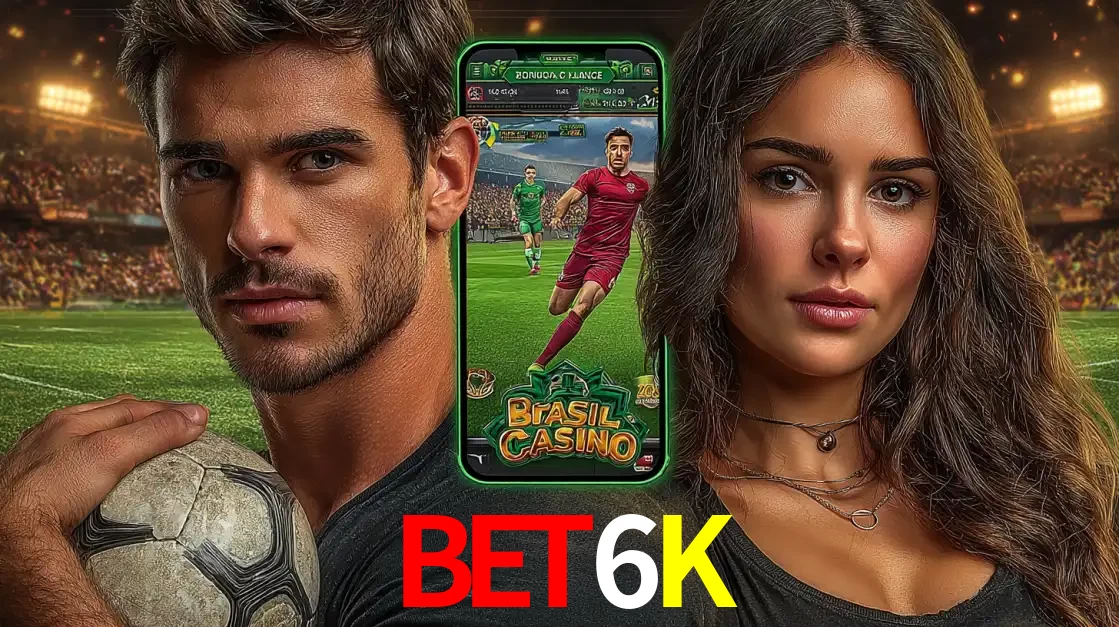 Homem segurando uma bola de futebol e uma mulher ao lado de um smartphone exibindo o jogo de apostas esportivas da BET6K. Faça seu palpite no cassino online.